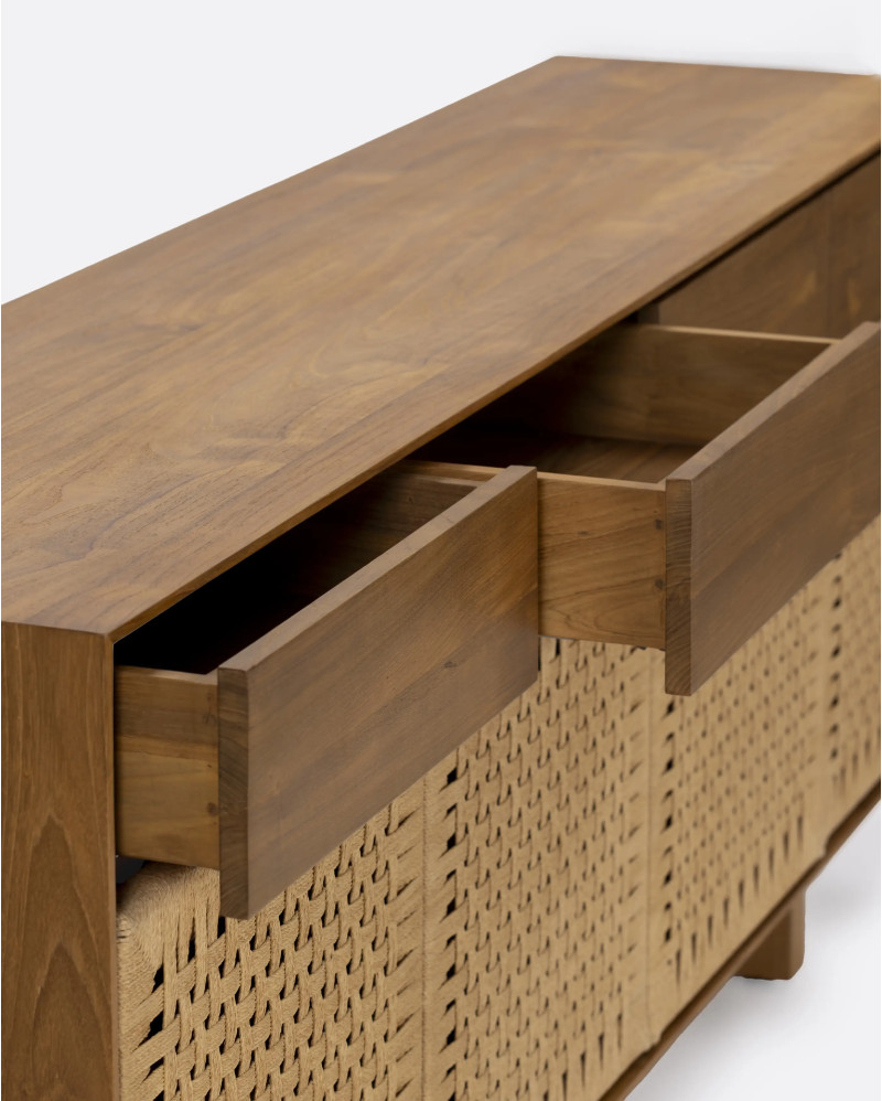 Buffet CORA en bois de teck recyclé et corde de papier 220 x 45 x 82 cm avec pieds en bois