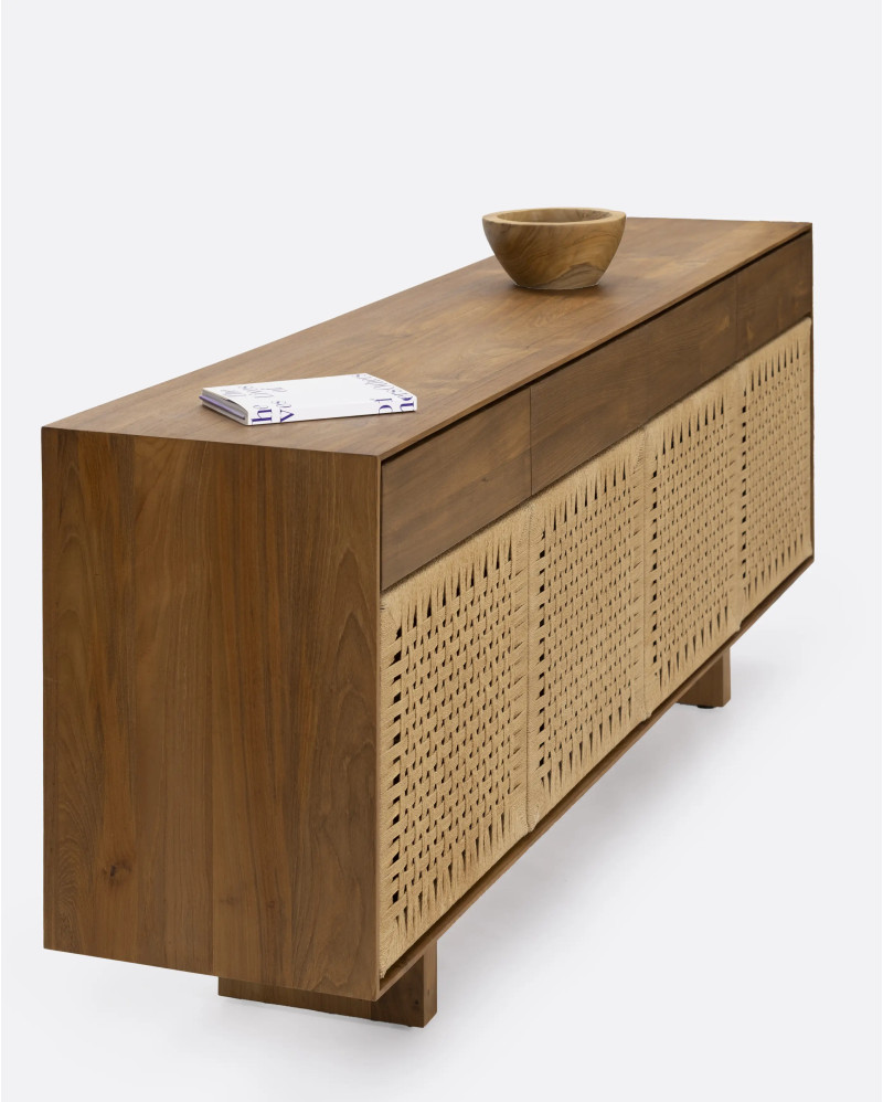 Buffet CORA en bois de teck recyclé et corde de papier 220 x 45 x 82 cm avec pieds en bois