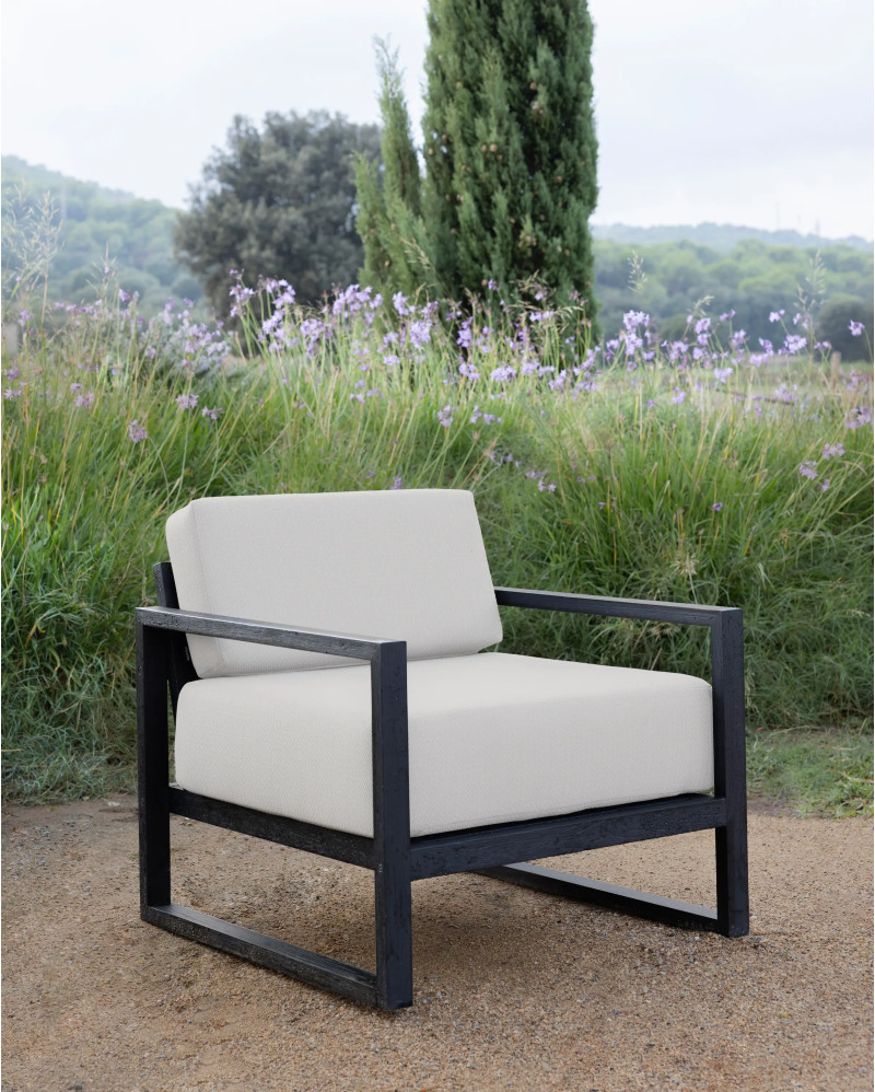 Sofá de exterior SELMA 1 plaza de madera de teca 78 x 83 x 67 cm en color negro y tapicería blanca