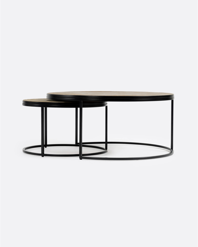 RENGAR nesting side table in iron and leather. Set of two units Ø 90 x 41 cm height and Ø 60 cm x 36 cm height