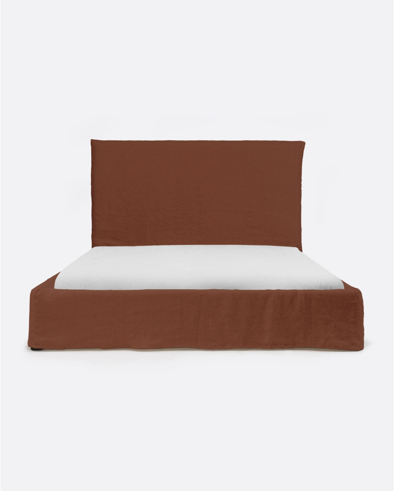 BEETHOVEN bed for mattress 160 x 200 cm with linen cover in terracotta colour
