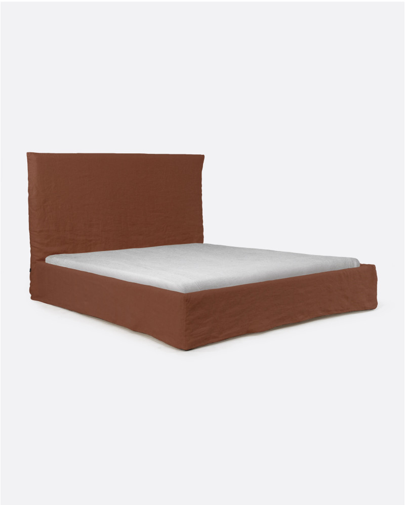 BEETHOVEN bed for mattress 160 x 200 cm with linen cover in terracotta colour