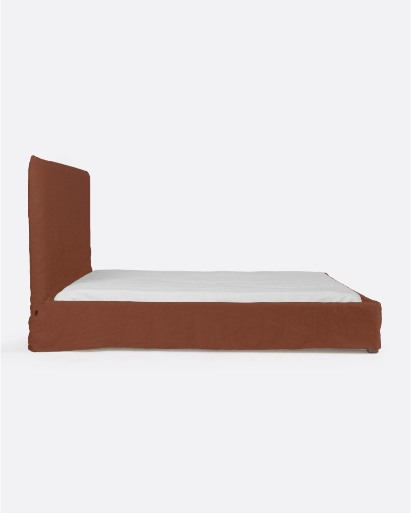 BEETHOVEN bed for mattress 160 x 200 cm with linen cover in terracotta colour
