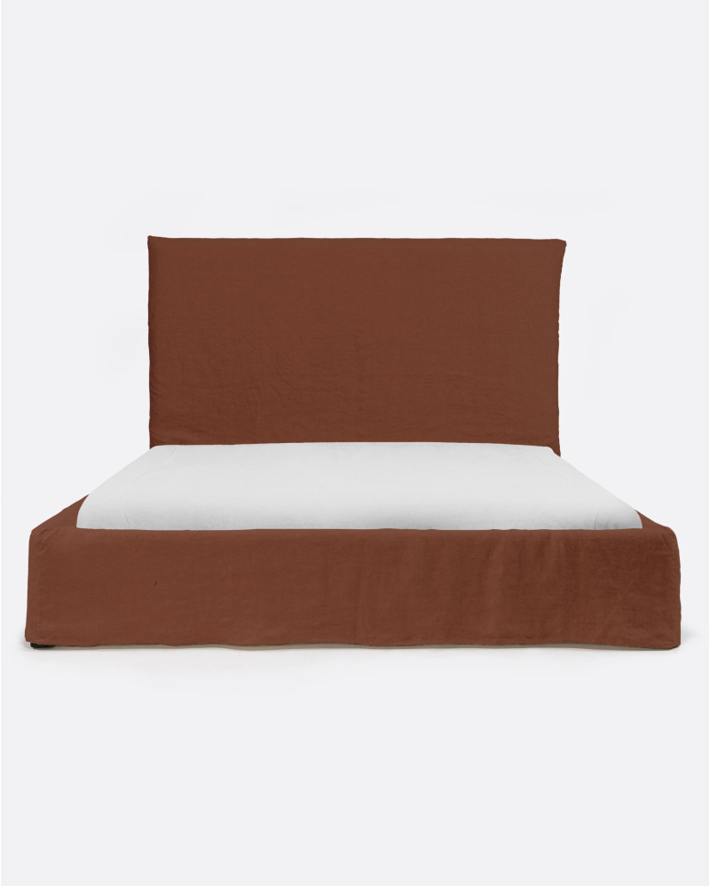 BEETHOVEN bed for mattress 180 x 200 cm with linen cover in terracotta colour