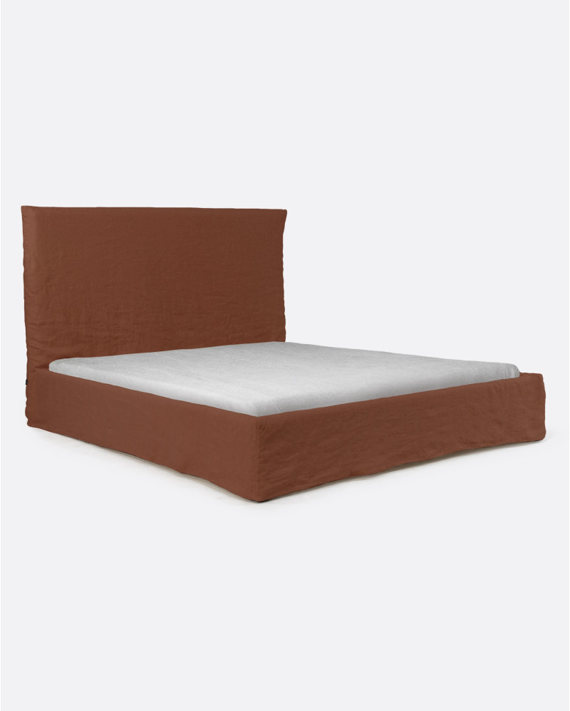 BEETHOVEN bed for mattress 180 x 200 cm with linen cover in terracotta colour