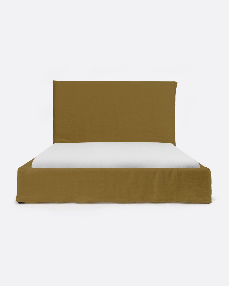 BEETHOVEN bed for mattress 160 x 200 cm with linen cover in mustard colour