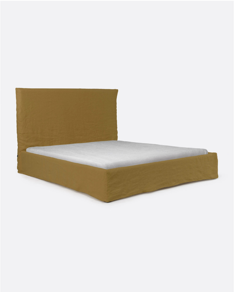 BEETHOVEN bed for mattress 160 x 200 cm with linen cover in mustard colour