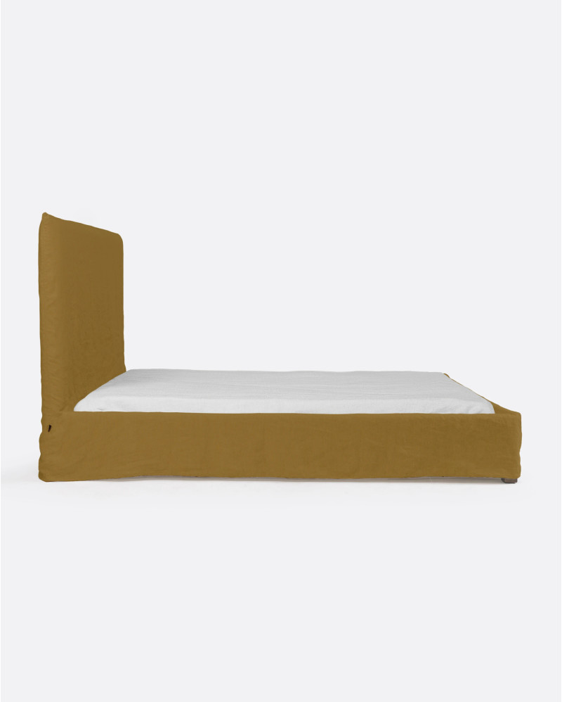 BEETHOVEN bed for mattress 160 x 200 cm with linen cover in mustard colour