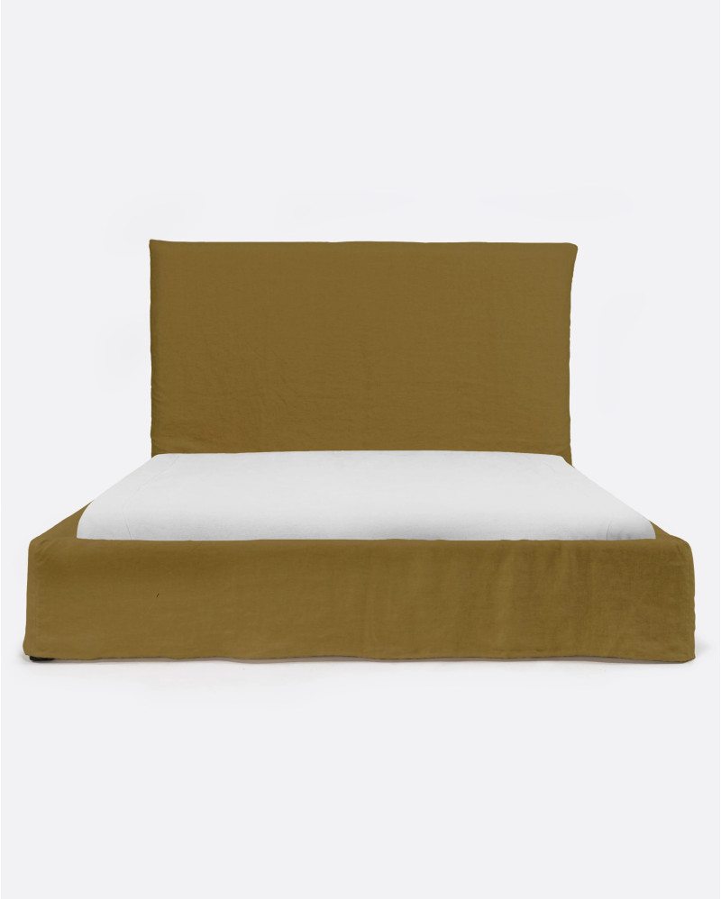 BEETHOVEN bed for mattress 180 x 200 cm with linen cover in mustard colour