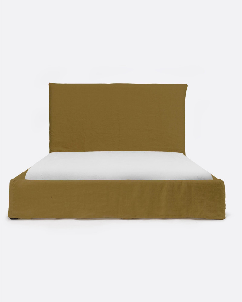 BEETHOVEN bed for mattress 180 x 200 cm with linen cover in mustard colour