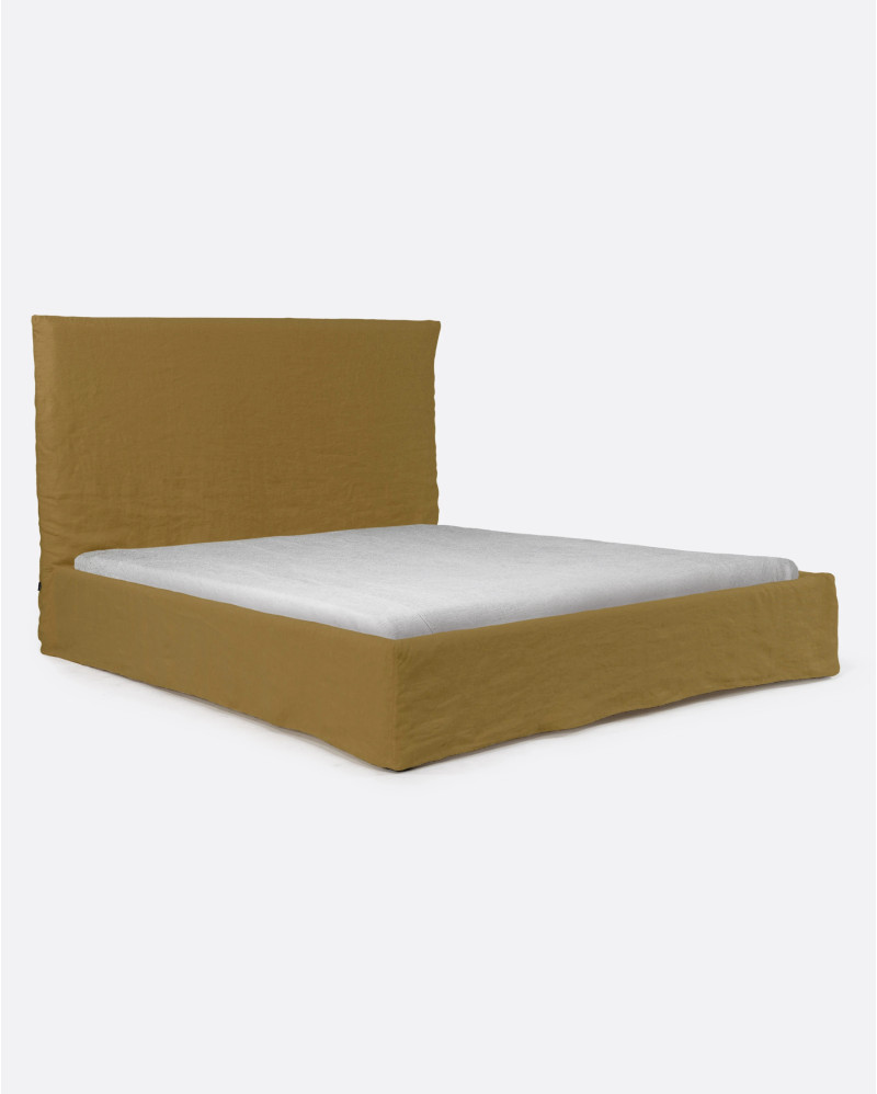 BEETHOVEN bed for mattress 180 x 200 cm with linen cover in mustard colour