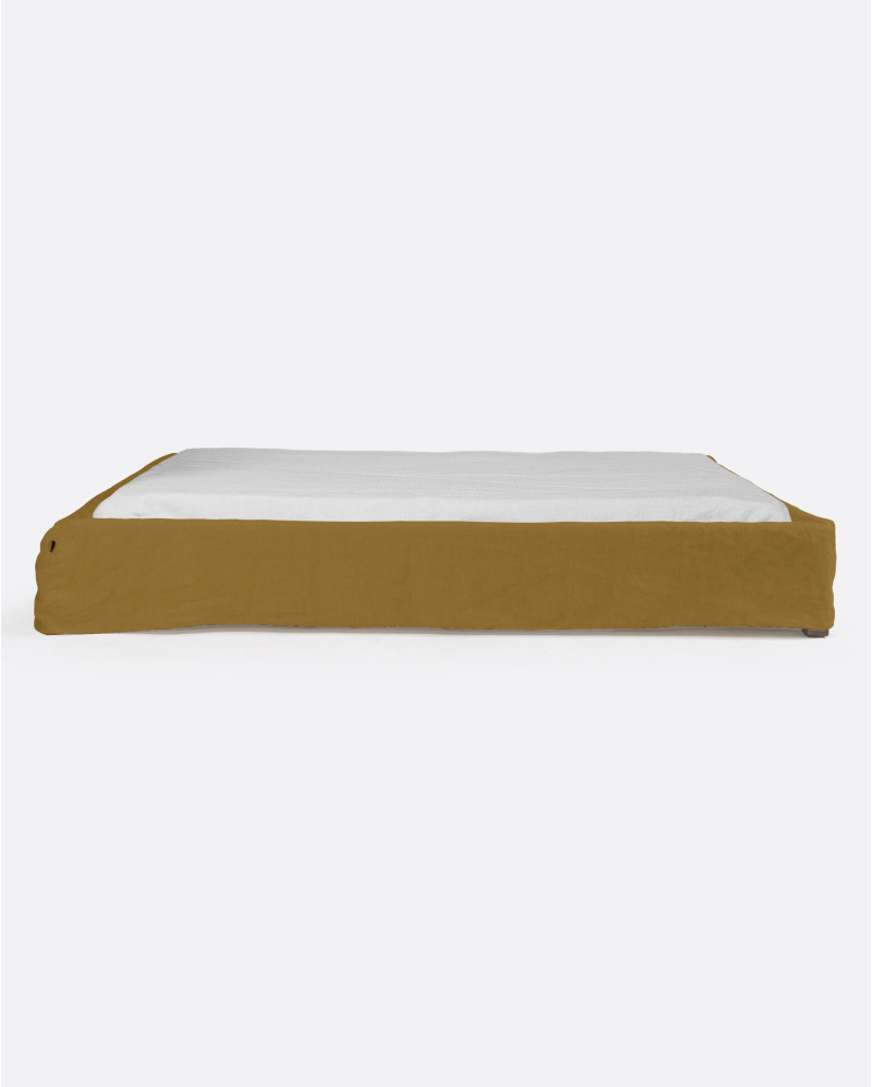 Base tapizada BEETHOVEN de lino 190 x 220 x 25 cm para colchón 180 x 200 cm color mostaza