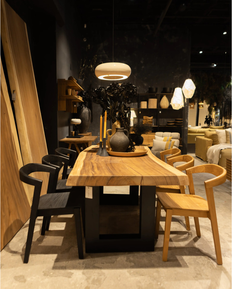 Mesa de comedor QUEEN de madera de suar y hierro 220 x ancho variable de 70 a 120 cm