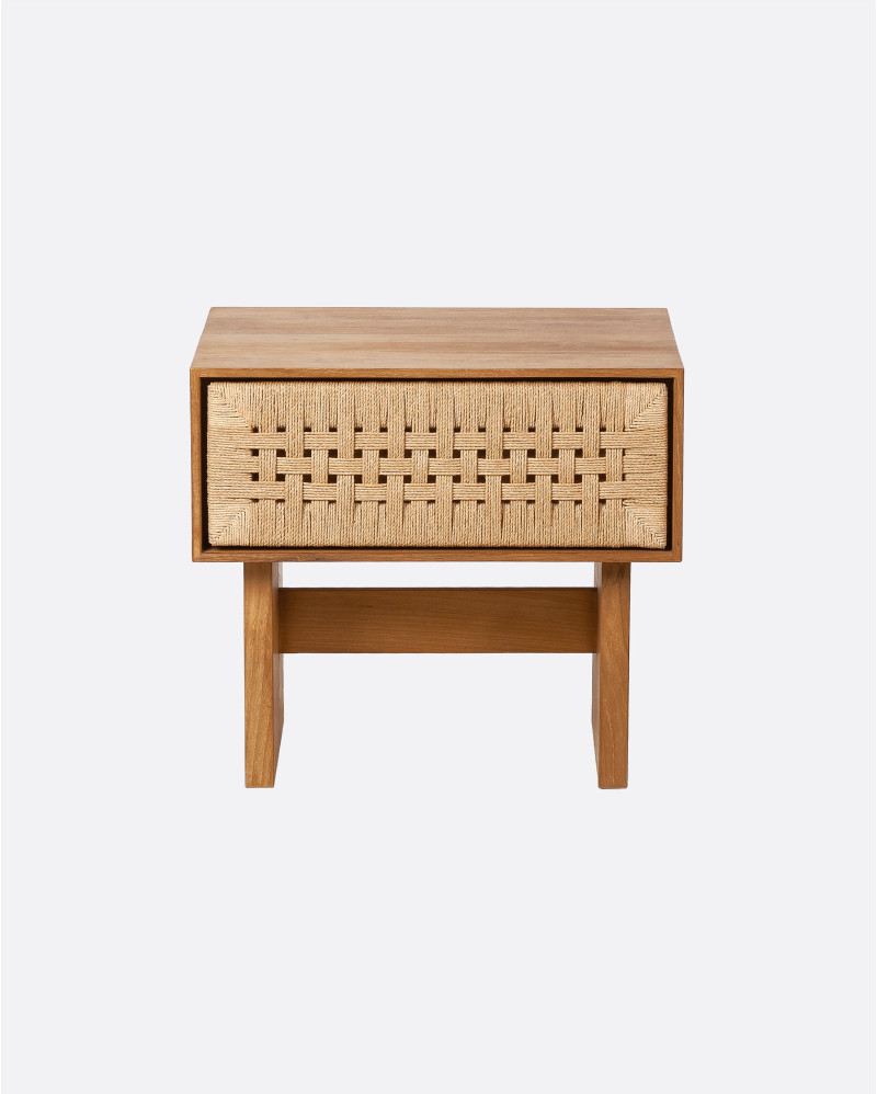 Table de chevet CORA en bois de teck recyclé et corde de papier 50 x 40 x 48 cm