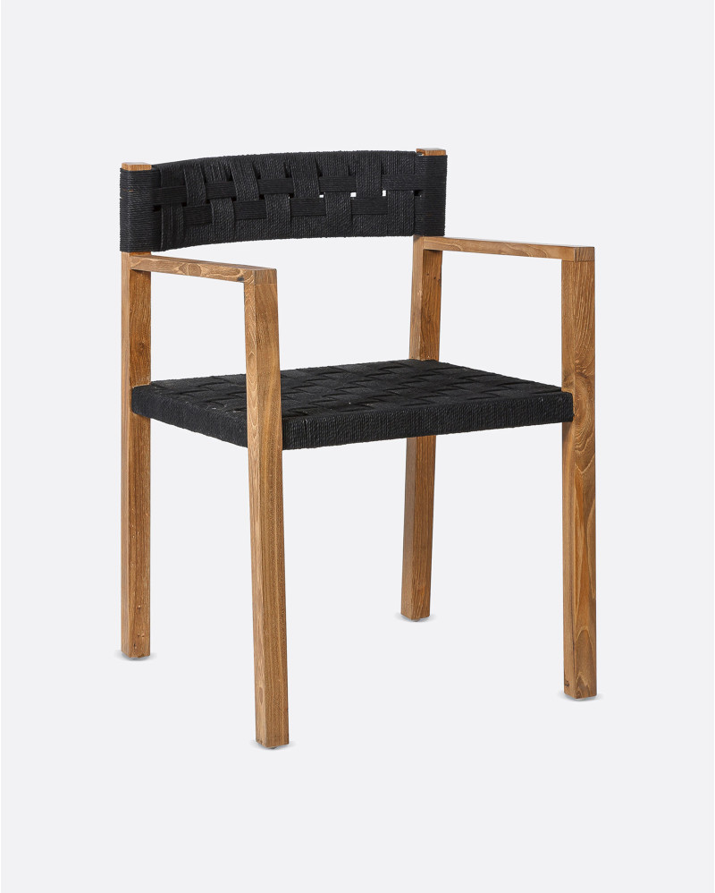 Chaise avec accoudoirs CORA en bois de teck et corde de papier 52 x 56 x 77 cm en couleur naturelle et noire