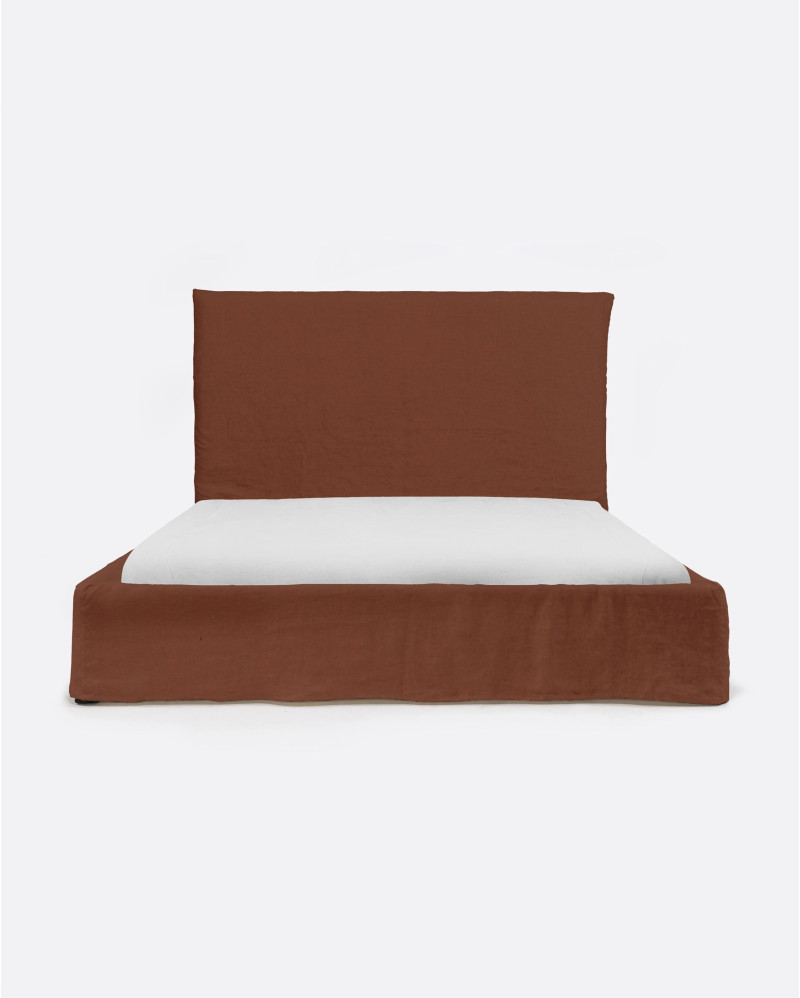 Lit BEETHOVEN pour matelas 160 x 200 cm avec revêtement en lin couleur terre cuite
