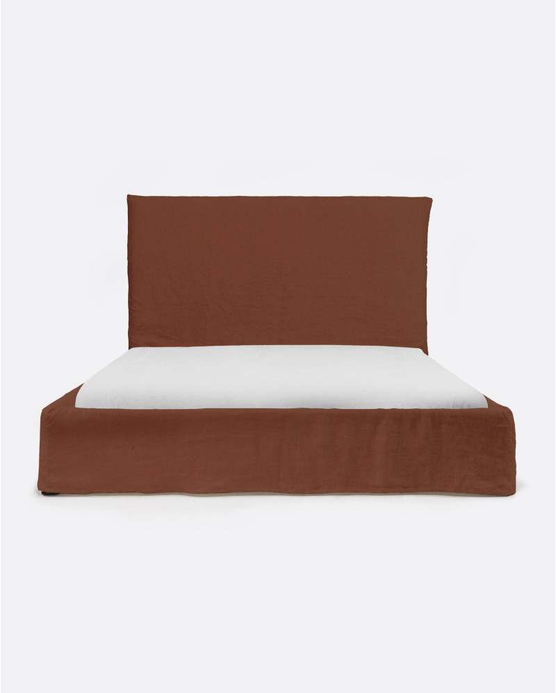 Lit BEETHOVEN pour matelas 180 x 200 cm avec revêtement en lin couleur terre cuite