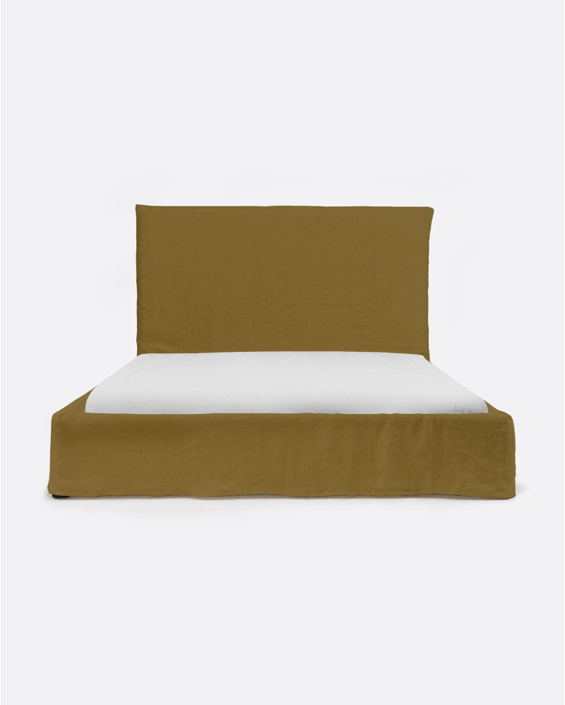 BEETHOVEN bed for mattress 160 x 200 cm with linen cover in mustard colour