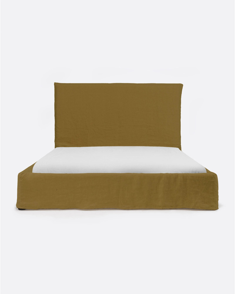 Cama BEETHOVEN para colchón 180 x 200 cm y funda de lino en color mostaza