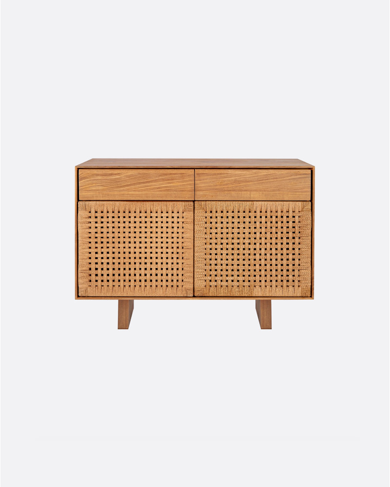 Buffet CORA en bois de teck recyclé et corde de papier 110 x 45 x 82 cm avec pieds en bois