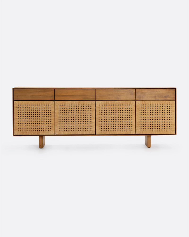 Buffet CORA en bois de teck recyclé et corde de papier 220 x 45 x 82 cm avec pieds en bois