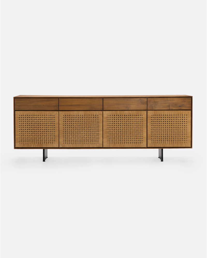 CORA sideboard in recycled teak wood and paper cord 220 x 45 x 82 cm with iron legs
