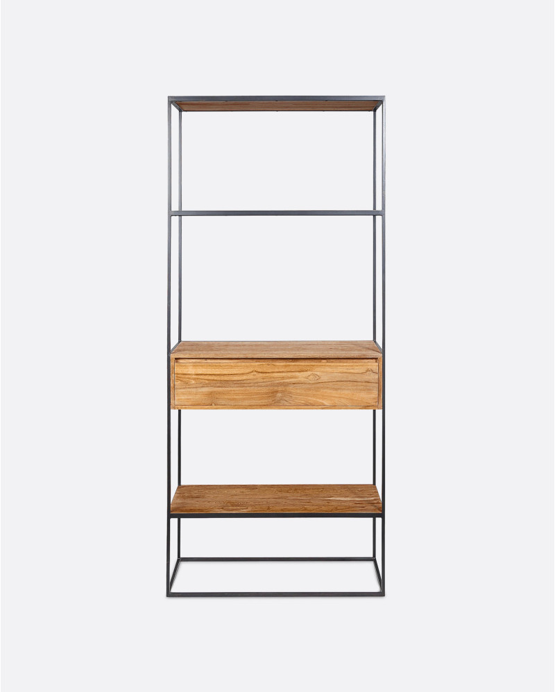 ONETWO bookcase in recycled teak wood and iron with drawer 80 x 30 x 195 cm