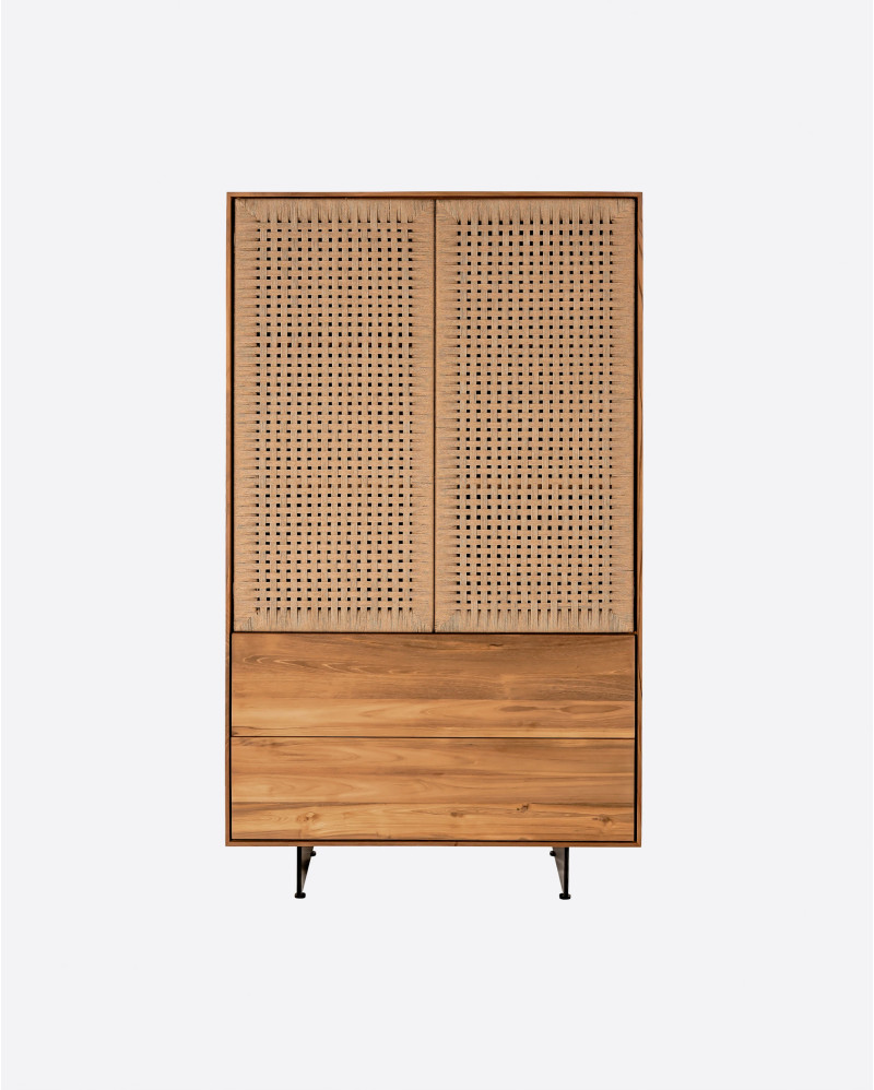 Vitrine CORA en bois de teck, fer et corde de papier 100 x 45 x 176 cm