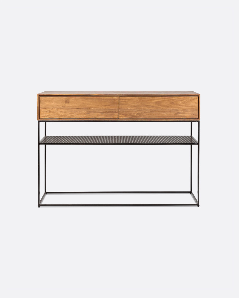 Console avec tiroirs ONETWO en bois de teck recyclé et fer 120 x 40 x 85 cm