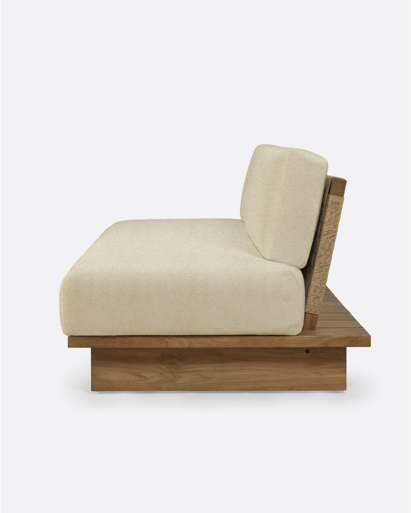 Sofá de exterior CORA 4 plazas en teca natural y cuerda sintética, 240 x 100 x 72 cm, con tapizado color marfil (Ivory)