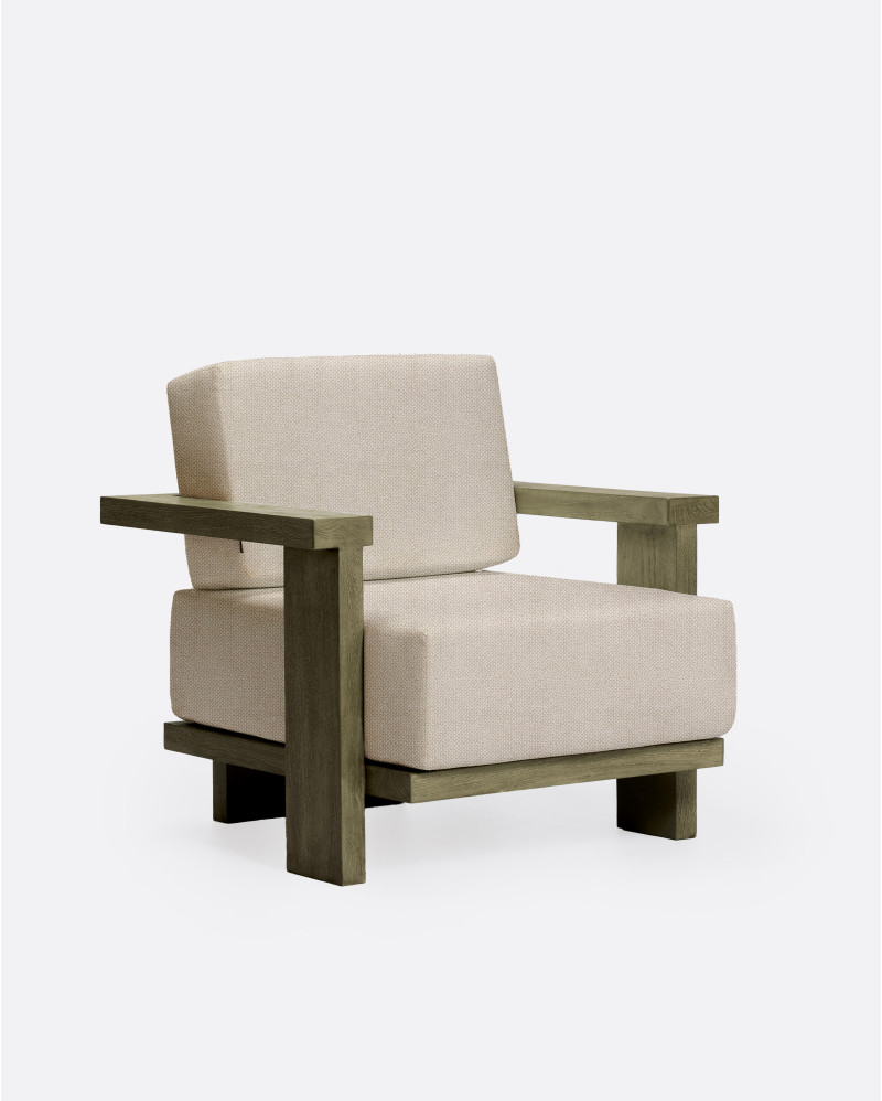 PANJANG 1-seater outdoor sofa in natural teak with aged finish, 88 × 83 × 81 cm, with ivory-coloured upholstery