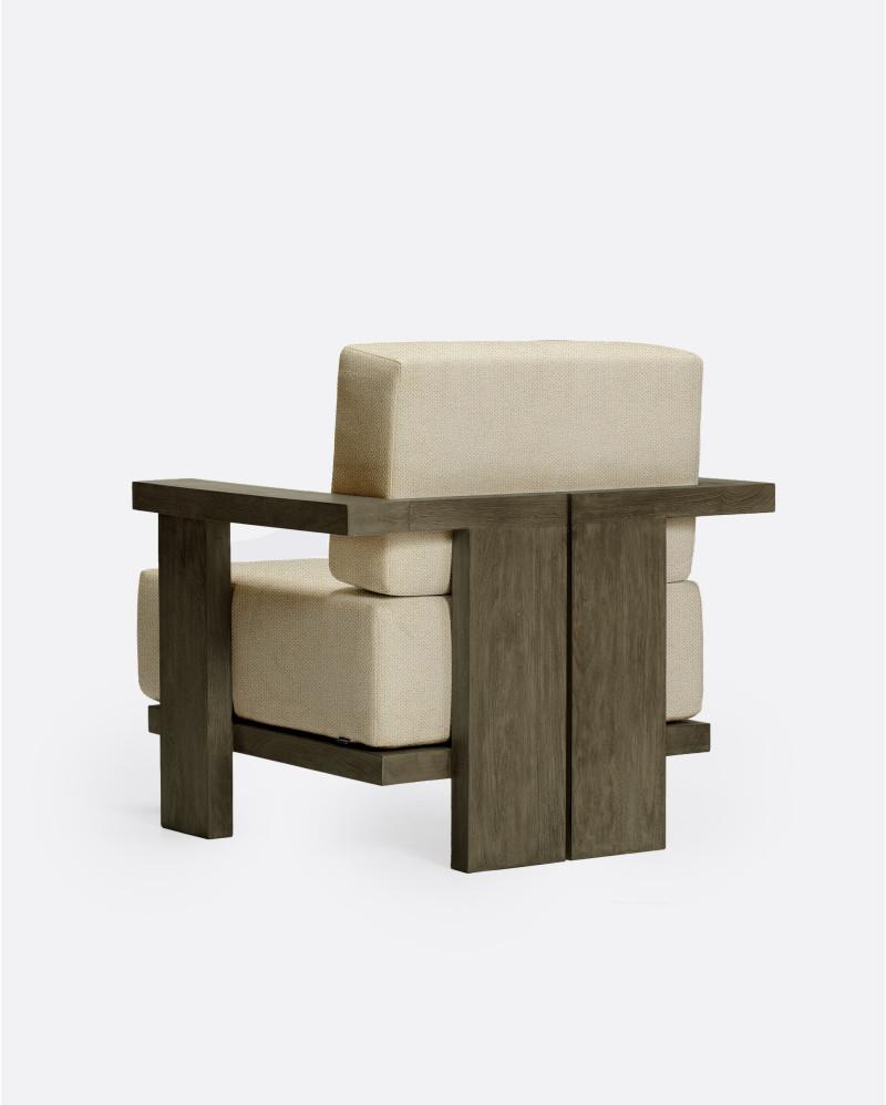 PANJANG 1-seater outdoor sofa in natural teak with aged finish, 88 × 83 × 81 cm, with ivory-coloured upholstery