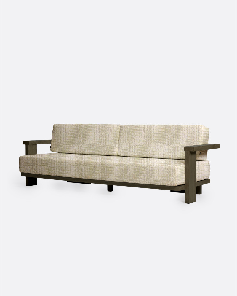 PANJANG 3/4-seater in natural teak with aged finish, 260 x 82 x 62 cm, with ivory-coloured upholstery