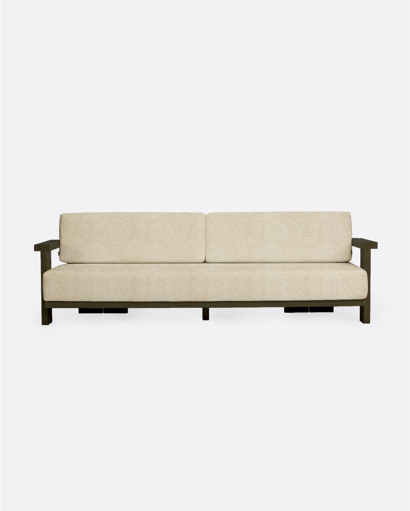 PANJANG 3/4-seater in natural teak with aged finish, 260 x 82 x 62 cm, with ivory-coloured upholstery