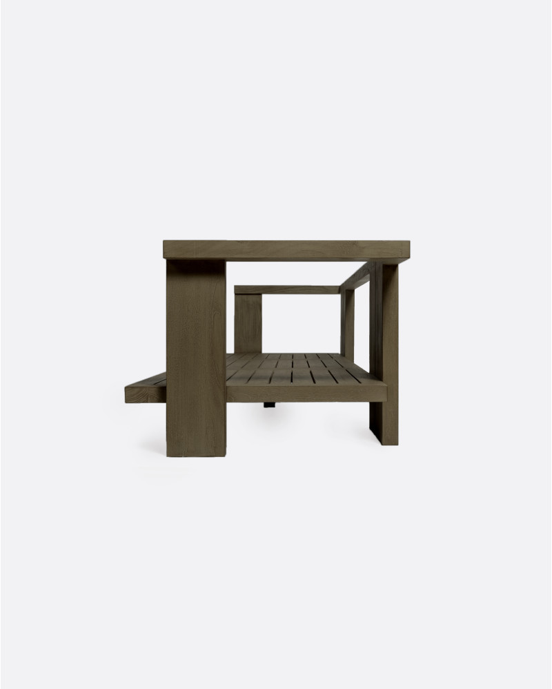 Sofá de exterior PANJANG 3/4 plazasen teca natural con acabado envejecido, 260 x 82 x 62 cm, con tapizado color marfil (Ivory)