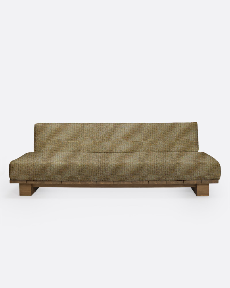 Sofá de exterior CORA 4 plazas en teca natural y cuerda sintética, 240 × 100 × 72 cm, con tapizado color arena (Sand)