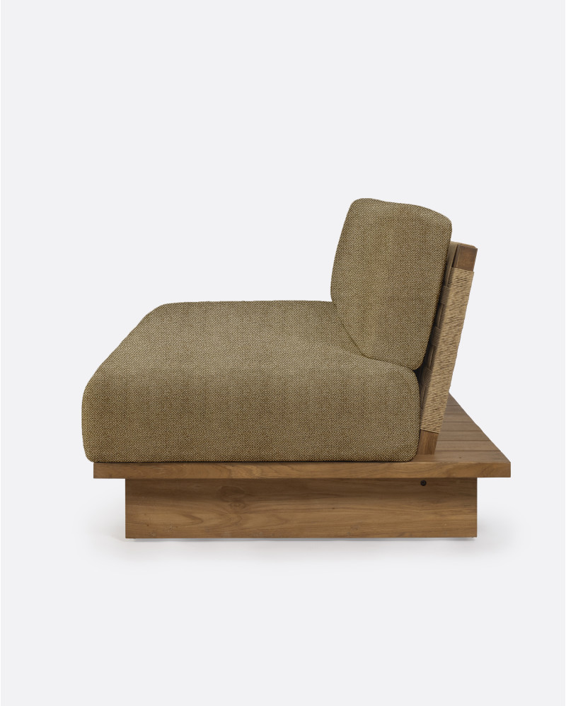 CORA 4-seater outdoor sofa in natural teak and synthetic rope, 240 × 100 × 72 cm, with sand-coloured upholstery