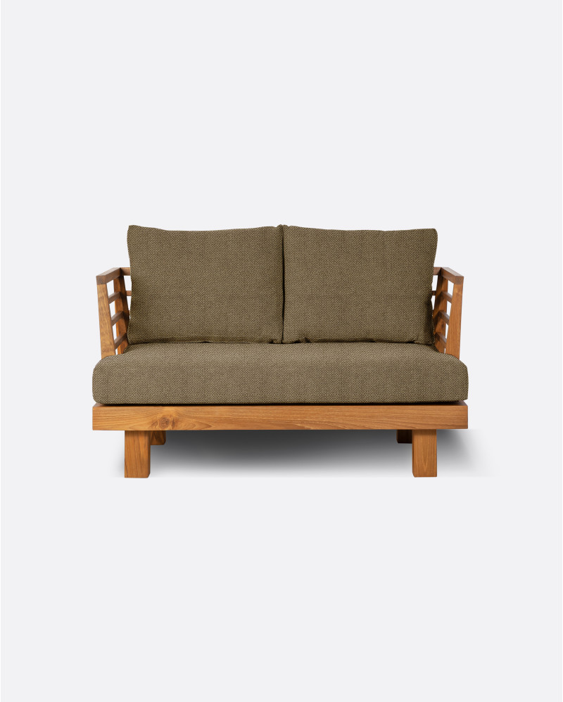 Sofá de exterior STRAUSS 2 plazas en teca natural y olefina, 130 x 84 x 67 cm, con tapizado color arena (Sand)