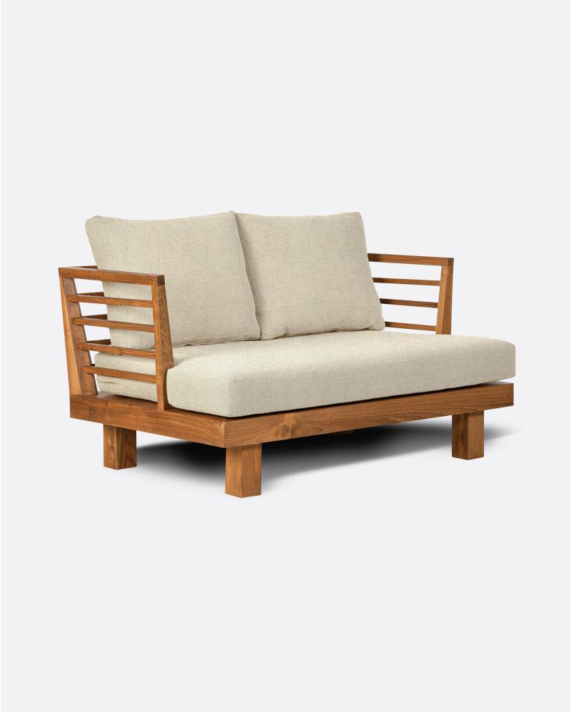 Sofá de exterior STRAUSS 2 plazas en teca natural y olefina, 130 x 84 x 67 cm, con tapizado color marfil (Ivory)
