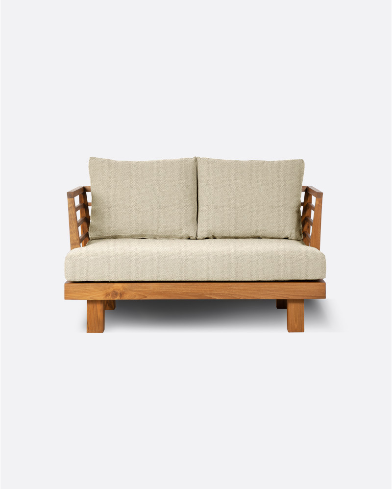 Sofá de exterior STRAUSS 2 plazas en teca natural y olefina, 130 x 84 x 67 cm, con tapizado color marfil (Ivory)