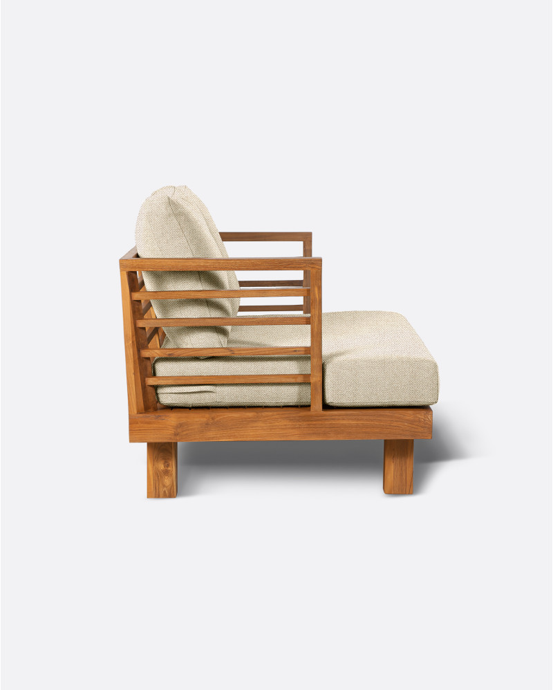Sofá de exterior STRAUSS 2 plazas en teca natural y olefina, 130 x 84 x 67 cm, con tapizado color marfil (Ivory)