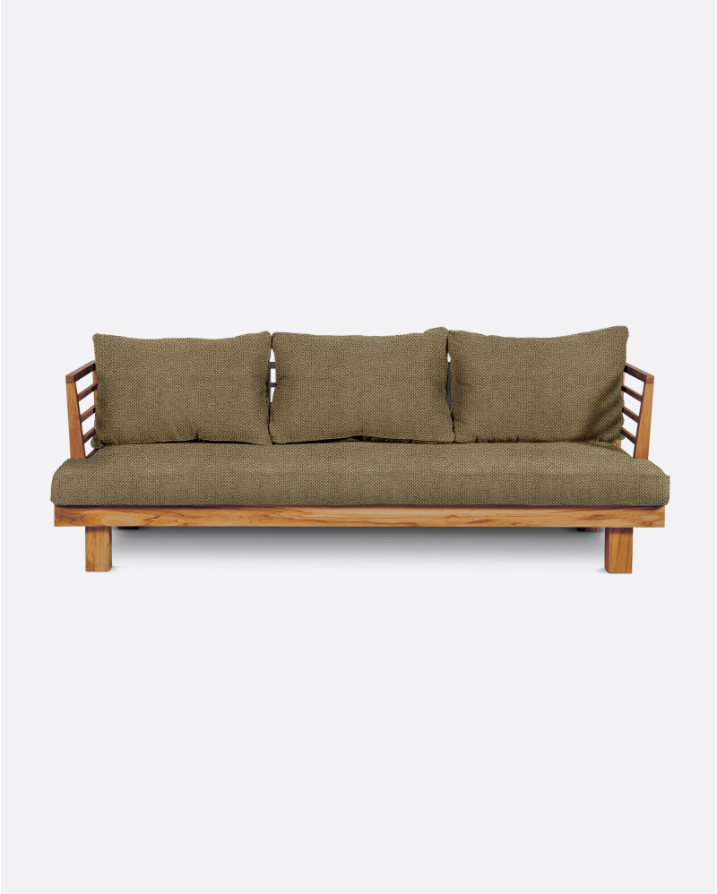 STRAUSS 3-seater outdoor sofa in natural teak and olefin, 214 x 84 x 67 cm, with sand-coloured upholstery