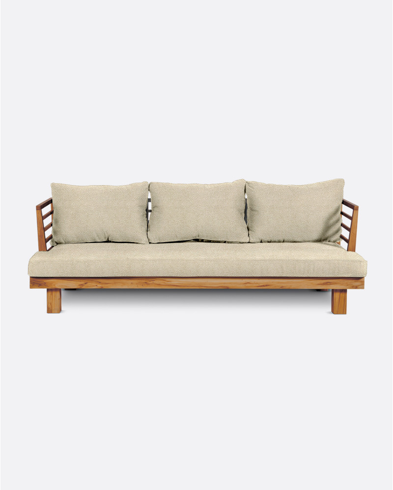 Sofá de exterior STRAUSS 3 plazas en teca natural y olefina, 214 x 84 x 67 cm, con tapizado color marfil (Ivory)