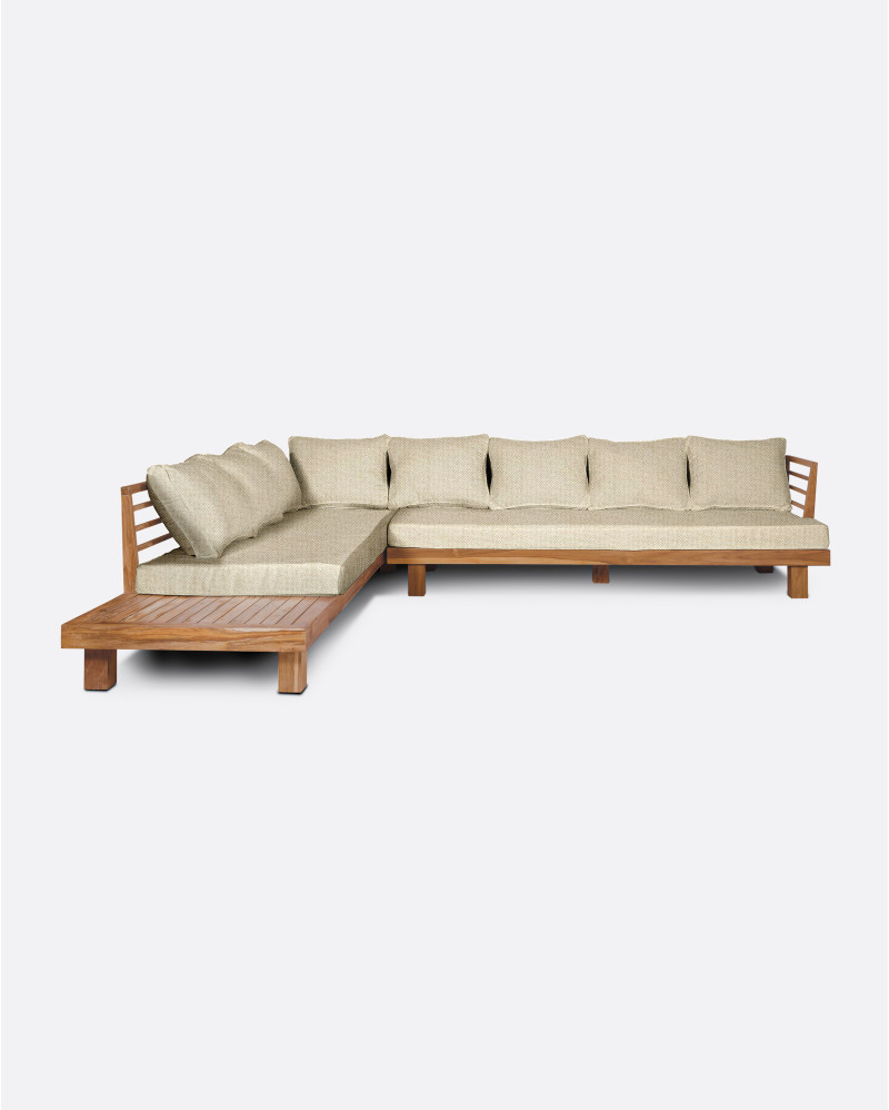 STRAUSS 4-seater left corner outdoor sofa in natural teak and olefin, 304 x 252 x 67 cm, with ivory-coloured upholstery