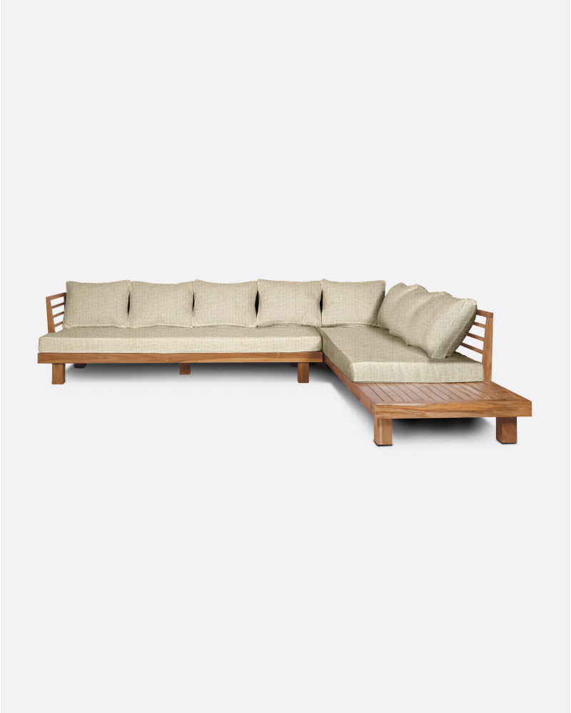 Sofá de exterior STRAUSS 4 plazas rinconero derecho en teca natural y olefina con tapizado color marfil (Ivory)