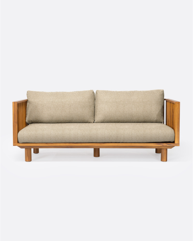 Sofá de exterior TOPRAK 2 plazas en teca natural y olefina, 180 x 82 x 77 cm, con tapizado color marfil (Ivory)