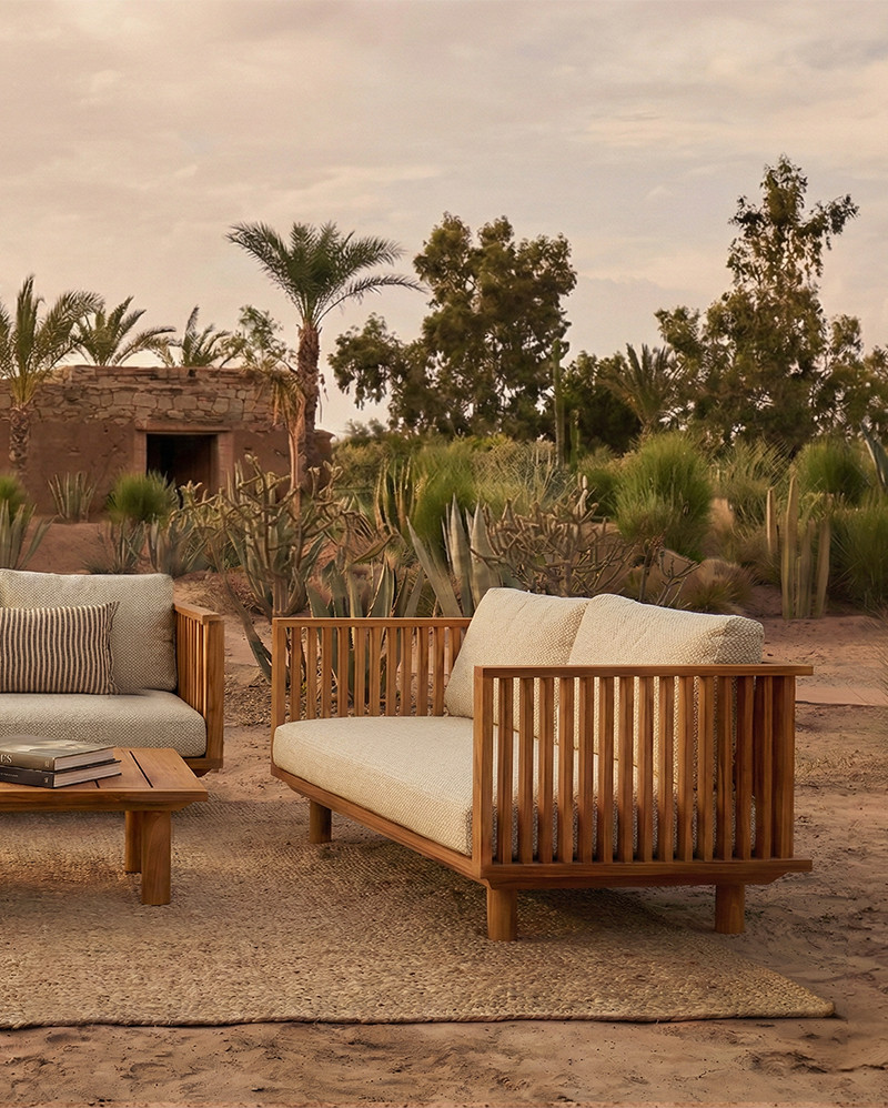 Sofá de exterior TOPRAK 2 plazas en teca natural y olefina, 180 x 82 x 77 cm, con tapizado color marfil (Ivory)