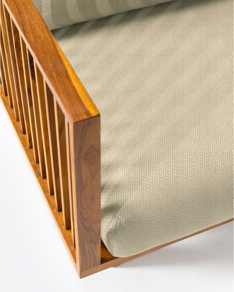 Sofá de exterior TOPRAK 2 plazas en teca natural y olefina, 180 x 82 x 77 cm, con tapizado color marfil (Ivory)