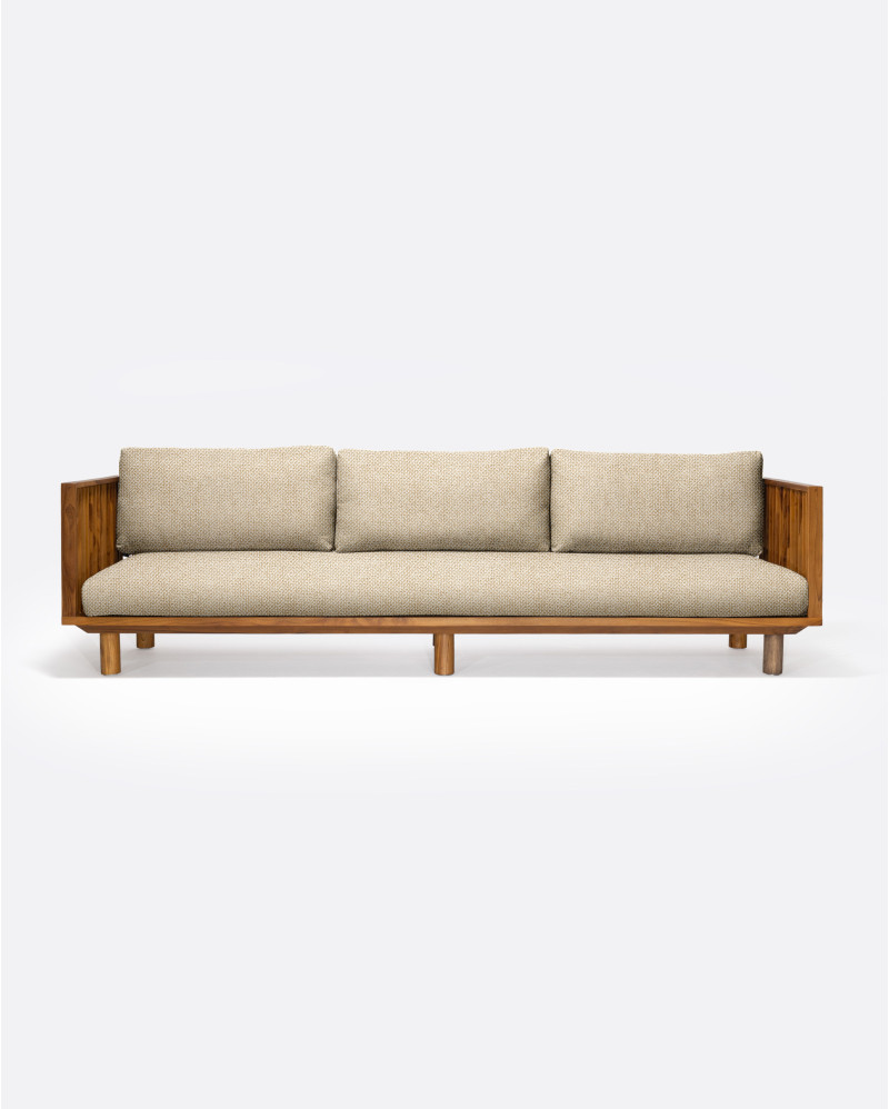 TOPRAK 3-seater outdoor sofa in natural teak and olefin, 260 x 82 x 77 cm, with ivory-coloured upholstery