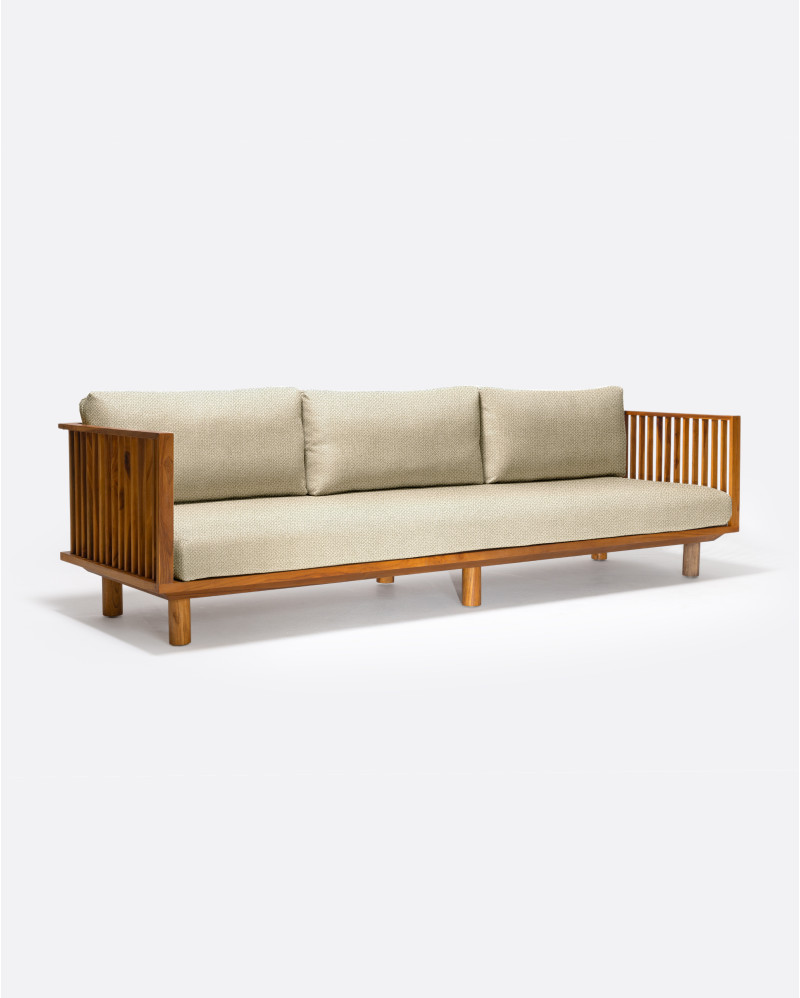 TOPRAK 3-seater outdoor sofa in natural teak and olefin, 260 x 82 x 77 cm, with ivory-coloured upholstery